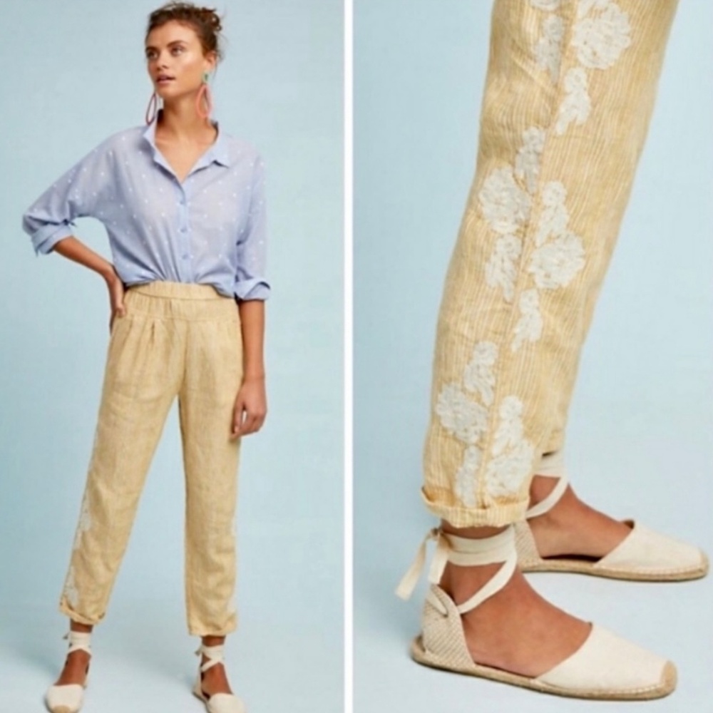 Anthropologie - Embroidered Pinstripe Yellow Linen Tapered Crop Pant - XL